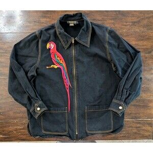 Bob Mackie Wearable Art Jacket Large Black Denim Embroidered Parrot Zip Artsy
